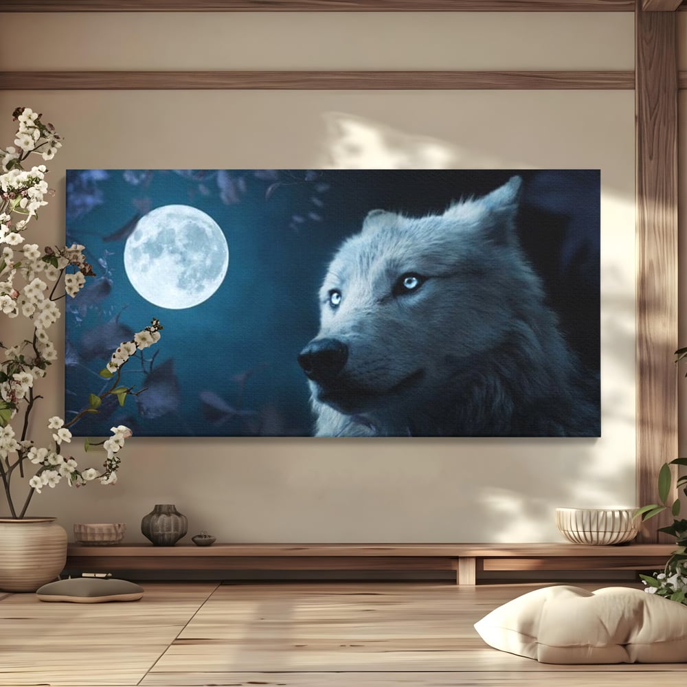 Tablou canvas cu tablou canvas cu lup si luna plina, fara rama, pe sasiu de lemn